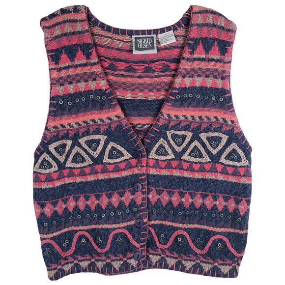 Sigrid Olsen Sweaters - Vintage Sigrid Olsen Small Vest Knit Embroidered Striped Pink Blue V Neck 1154